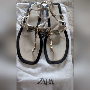 Zara Metallic Gold Dragonfly T-Strap Sandals